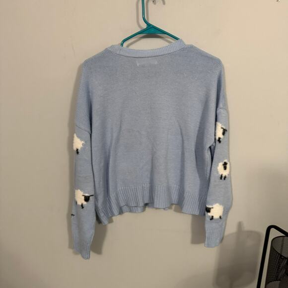 No Comment NY-LA Light Blue Sheep Print Cardigan Sweater Women's Size Medium - Picture 2 of 8